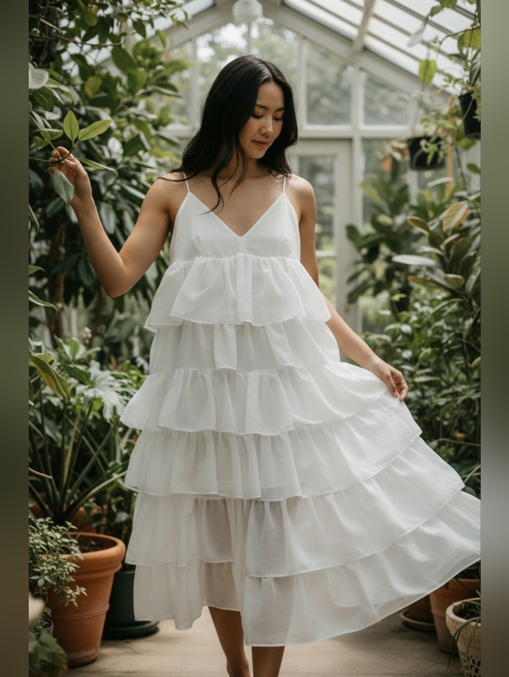 NWT BCBG White Tiered Ruffle Midi Dress with Spaghetti Straps